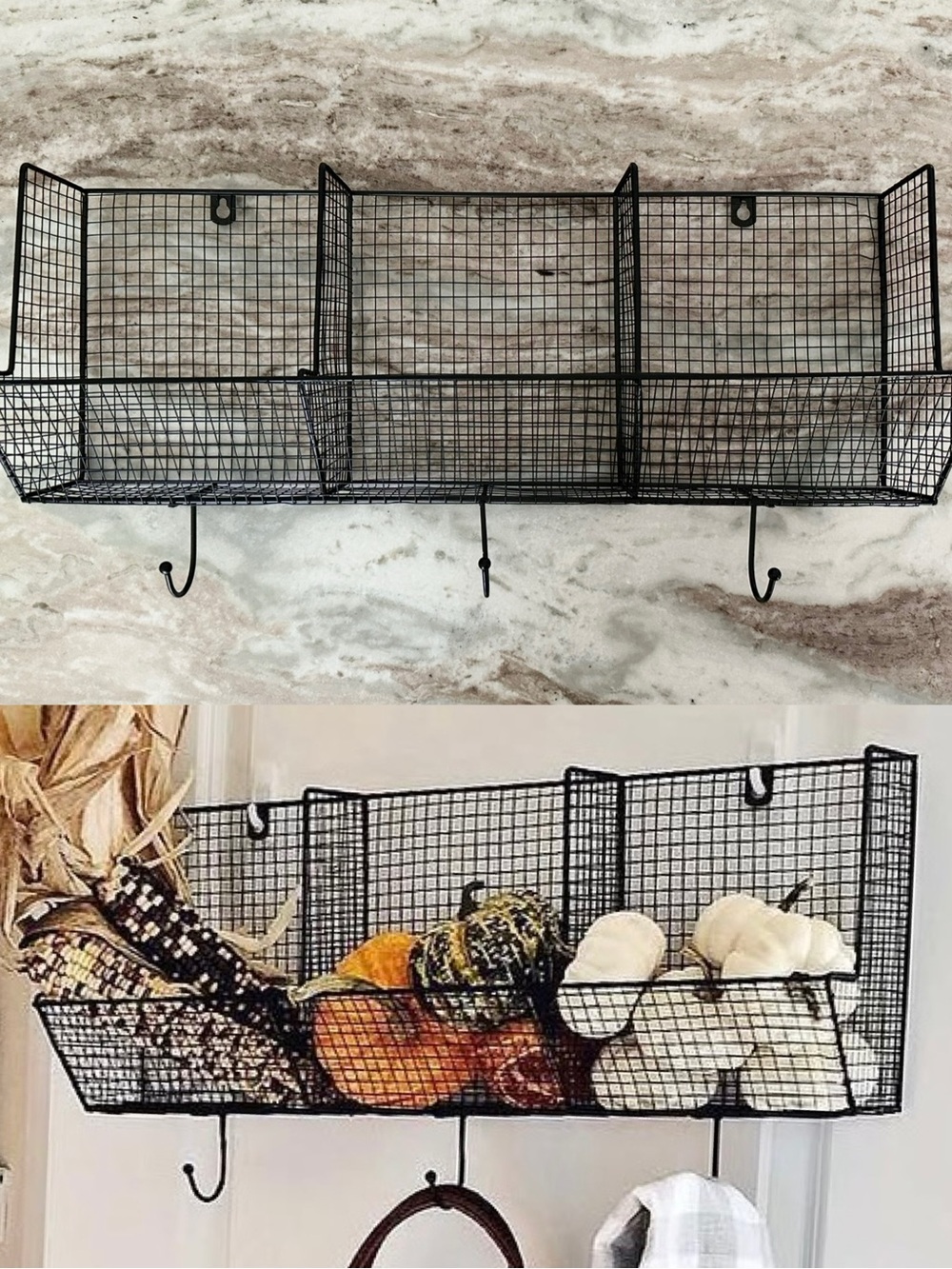 Black Wire 3 Compartment Wall Basket with Hooks  - Organization / Storage